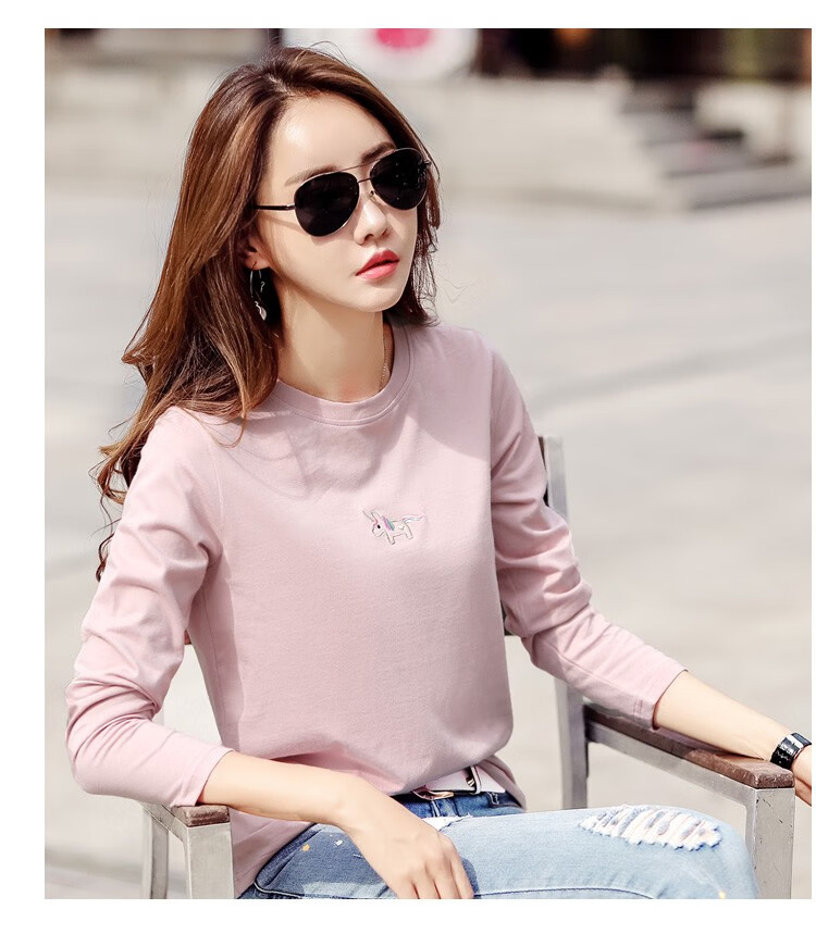 卓诗长袖t恤女2020秋冬新款圆领修身刺绣女士春秋百搭打底衫 白色 xxl