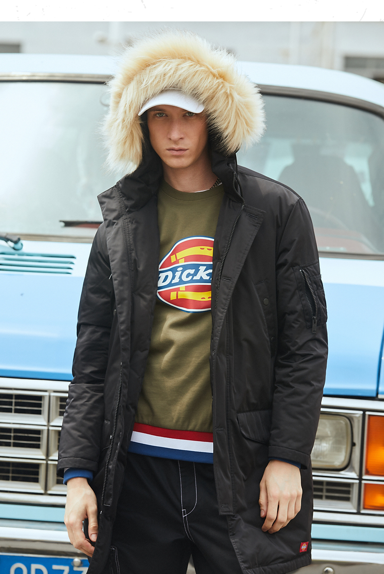 dickies羽绒服logo印花多袋长款羽绒服男式秋冬休闲连帽厚外套羽绒服
