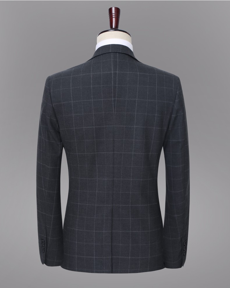 罗蒙格子西服套装男修身青年休闲正装西装结婚新郎礼服外套灰格三件套