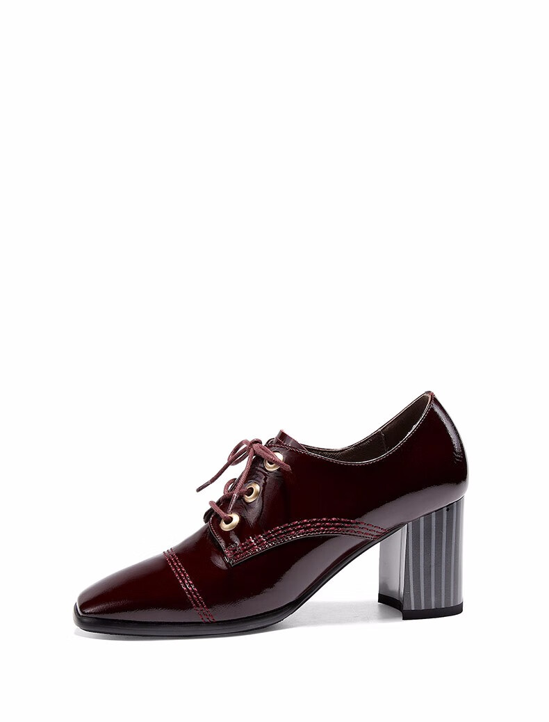 法玛莎品牌粗跟单鞋女2019秋季新款绑带英伦风小皮鞋漆皮深口高跟鞋女