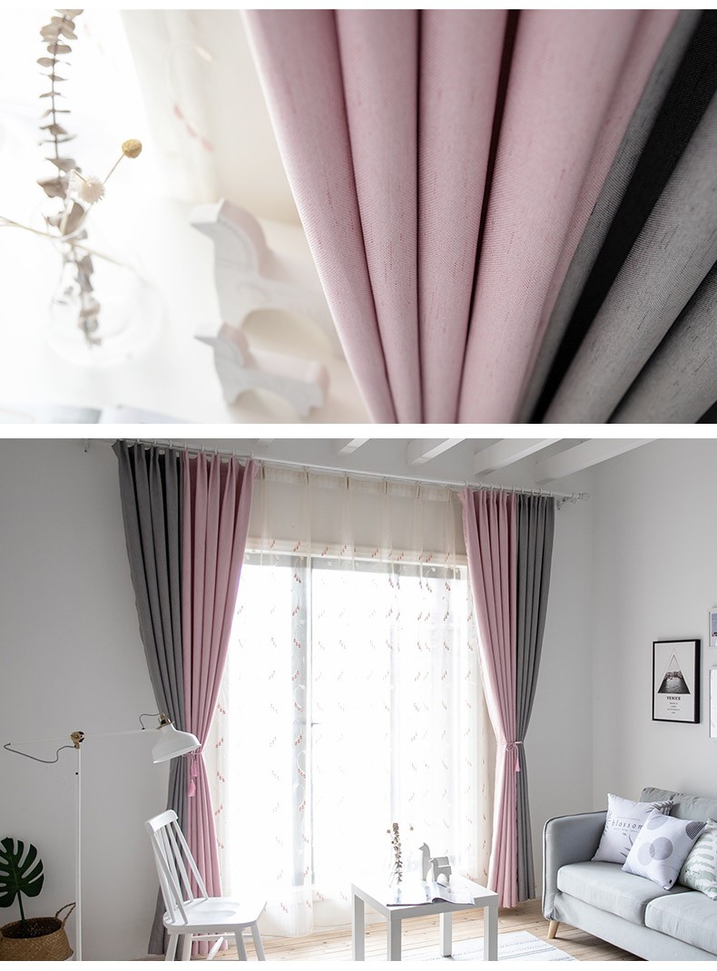 诺罗美式轻奢纯色拼接窗帘北欧简约现代客厅卧室遮光防晒遮阳布料定制
