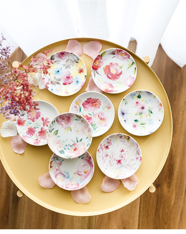 千代源浪漫之花圆形小碟子8件礼盒套装日式陶瓷小菜碟家用小吃碟牡丹