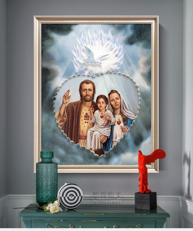 天主教基督教欧式古典人物圣像画仿真画耶稣圣像圣家三口定制客厅沙发