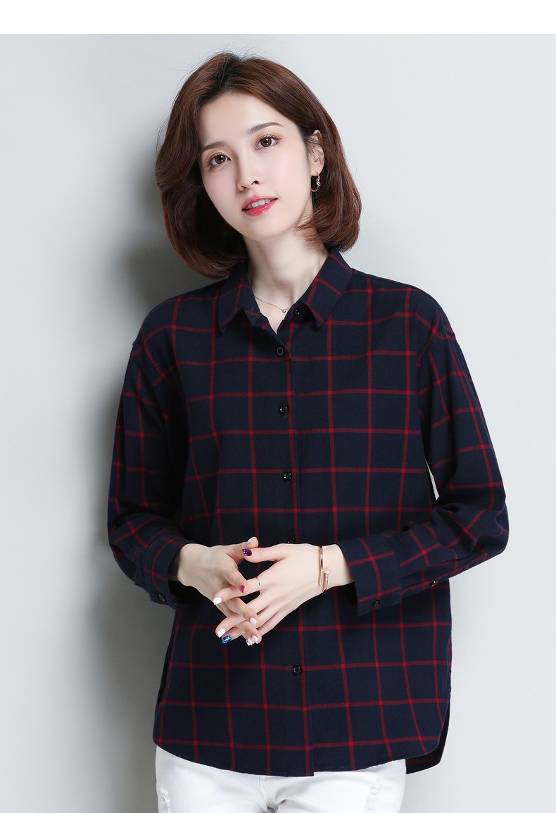 恒源祥长袖格子衬衫女秋季新款纯棉衬衣女士休闲全棉上衣c717 n183红