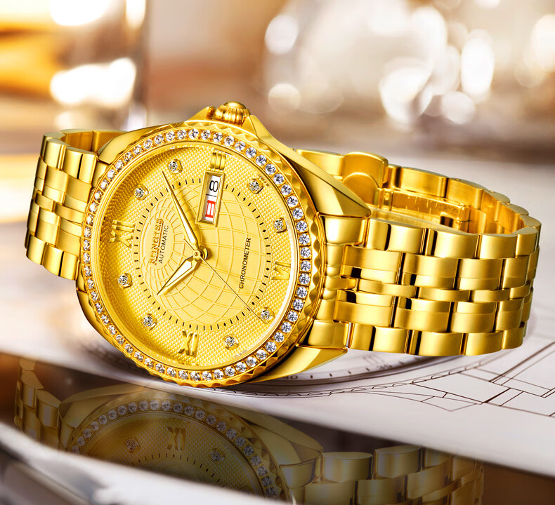 表盘男表纯金色镂空全自动机械表防水腕表瑞士工艺间金白面机械表男款