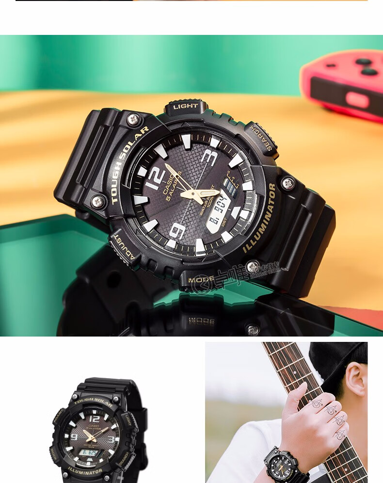 卡西欧(casio)运动手表男 双显防水电子学生表 双显金色表盘aeq-100bw