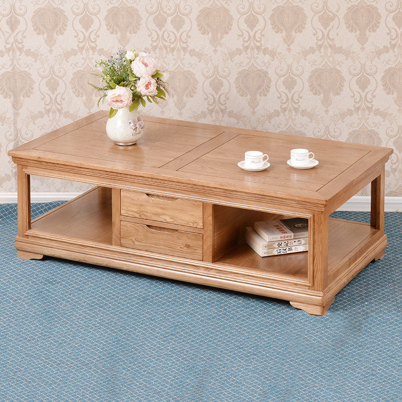 念念家具拼团购 全实木茶几带抽屉双层储物 白橡木美式乡村msy211