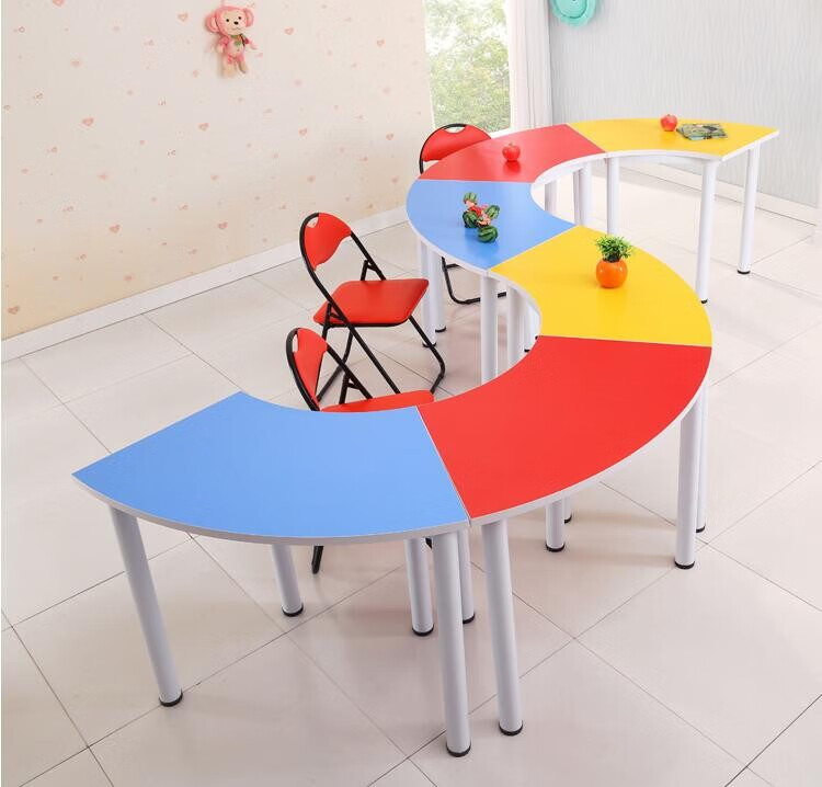 幼儿园课桌椅美术室培训班扇形拼桌弧形桌绘画桌异形创意桌黄色3张起