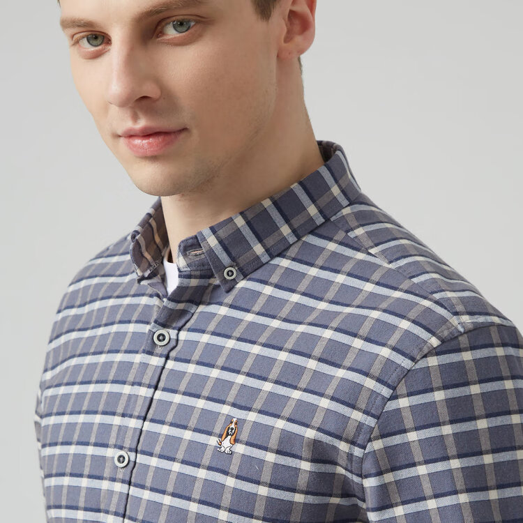 暇步士hush puppies 22秋冬休闲舒适小方格长袖衬衣男式衬衫 075深蓝1