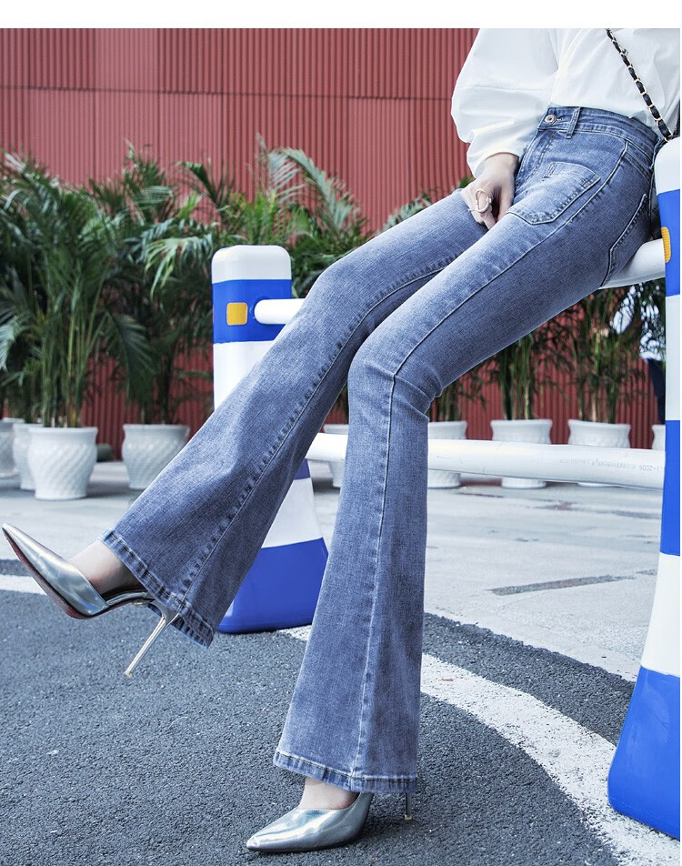简盈牛仔裤女微喇裤女高腰长裤2019春秋新款弹力修身显瘦喇叭裤时尚垂