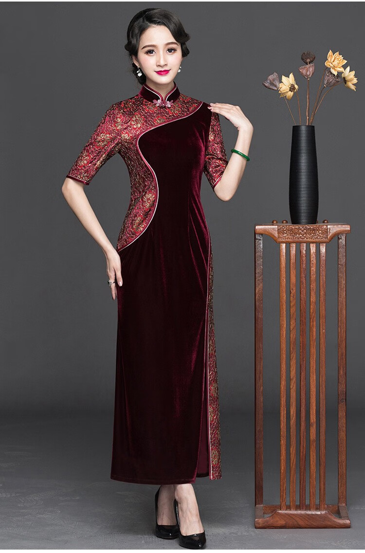 金丝绒旗袍裙长款复古改良时尚蕾丝旗袍连衣裙大码走秀妈妈唐装旗袍
