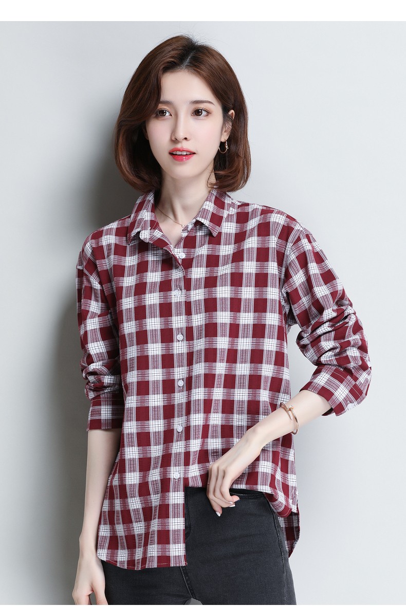 恒源祥长袖格子衬衫女秋季新款纯棉衬衣女士休闲全棉上衣c717 n183红