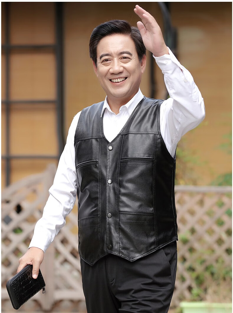 绒冬装爸爸装皮坎肩皮毛一体皮背心马褂子无袖马甲黑色m码穿100120斤