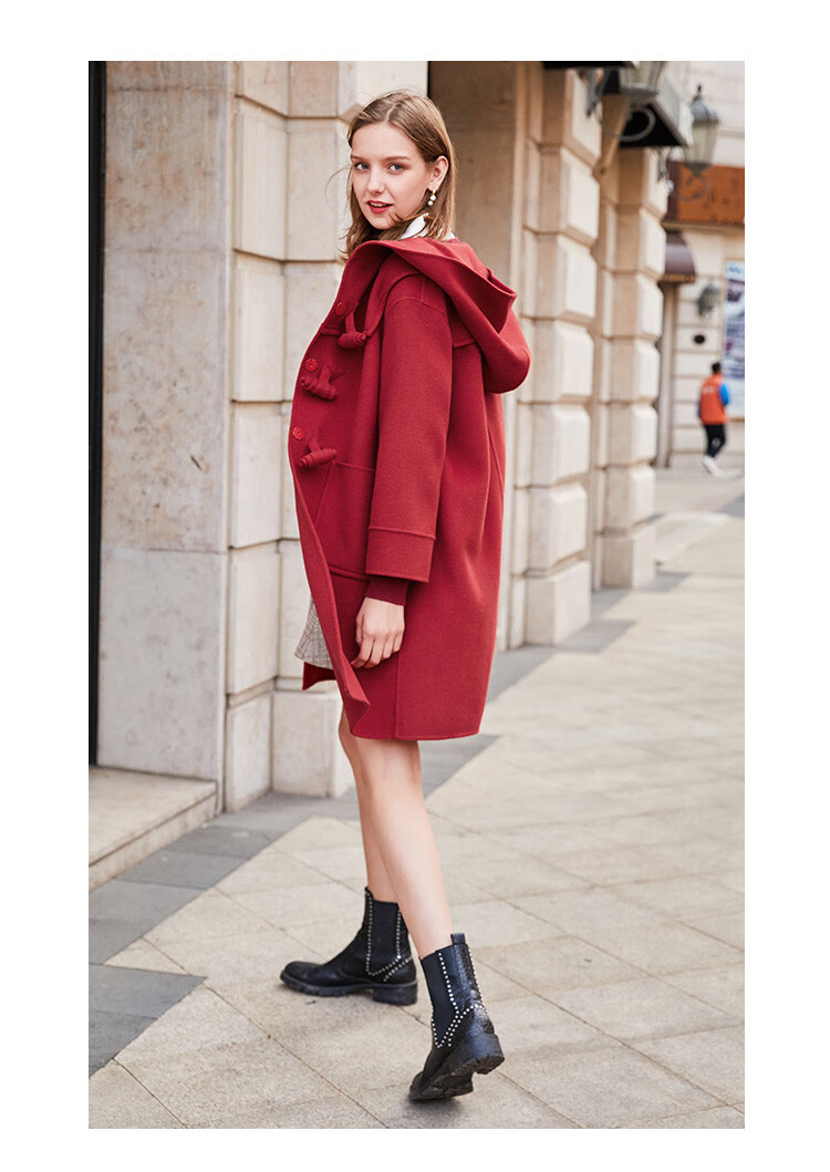 香影双面呢大衣女新款流行红色赫本风连帽羊毛毛呢外套秋冬装 暗红 m