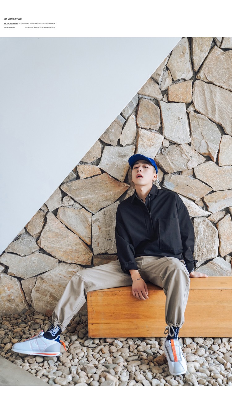 男2020秋季新款秋装纯色大口袋套头长袖衬衫宽松潮流休闲男士中性衬衣