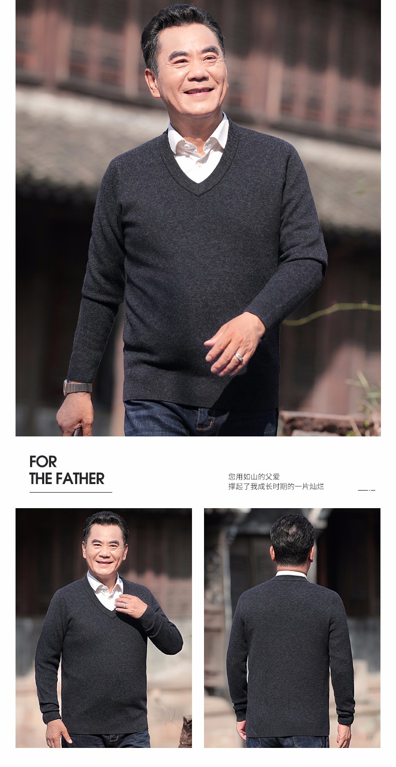 老爷车 羊毛衫男v领加厚纯羊毛冬季新款中年男装毛衣中老年人针织衫