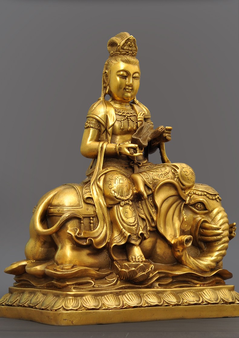 黄铜文殊菩萨普贤菩萨摆件华严三圣居家佛堂寺庙供奉佛像工艺品6寸