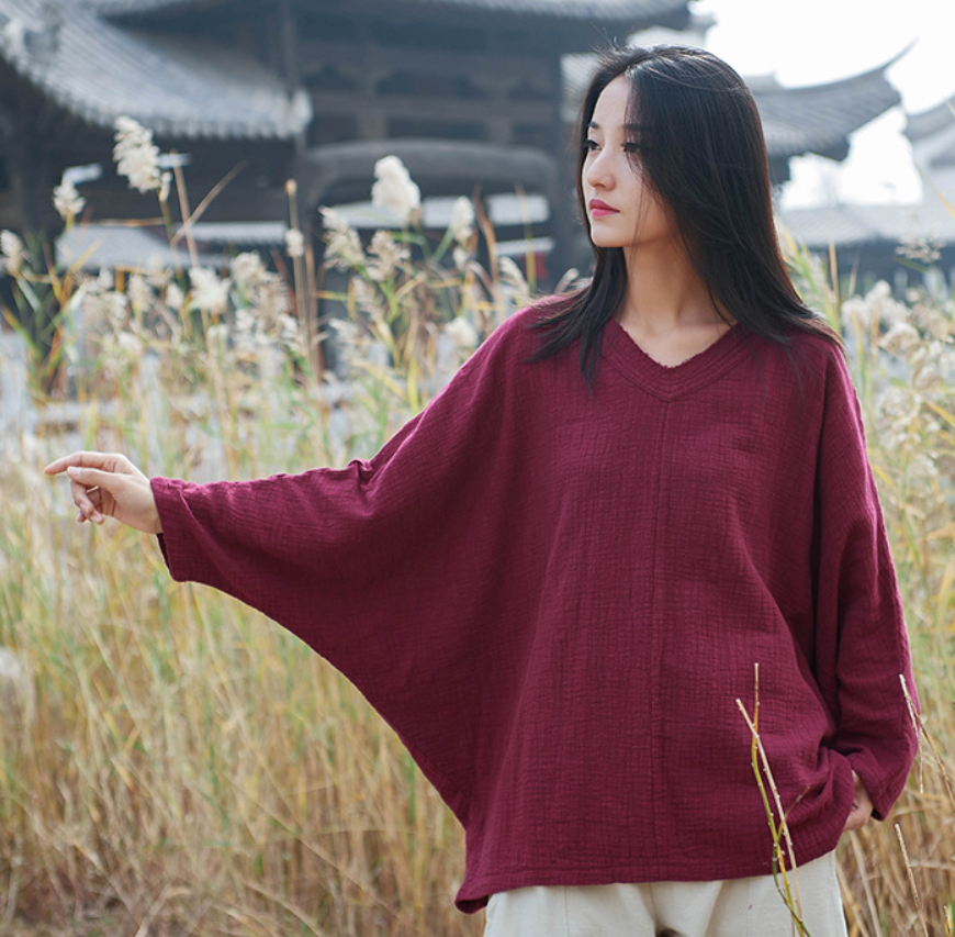 如素慢衣女装t恤衫棉麻复古砂洗套头v领长袖蝙蝠衫15818 原麻色 均码