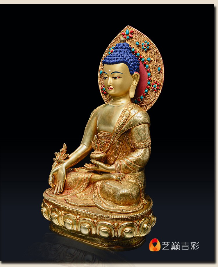 艺巅吉彩 药师佛佛像尼泊尔手工铜全鎏金10寸藏传佛教密宗供奉摆件