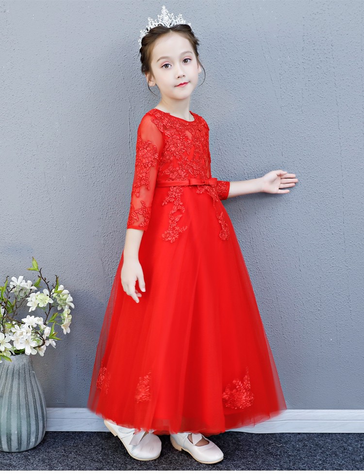 婚纱大童儿童主持人晚礼服公主裙小花童钢琴演出服高贵洋气冬 红色