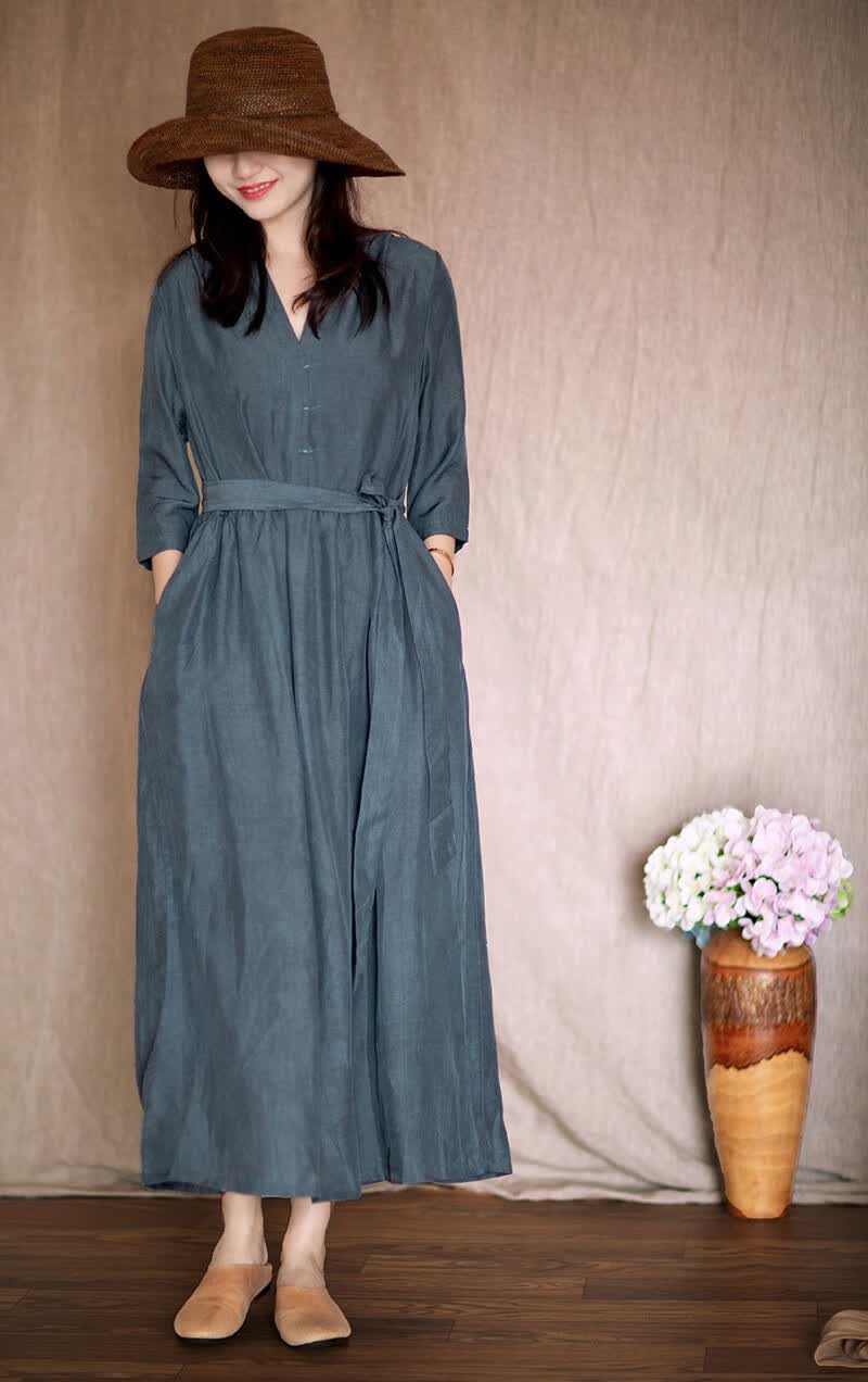 如素慢衣女装褶皱五分袖v领套头连衣裙女夏配腰带15473 橘粉 l