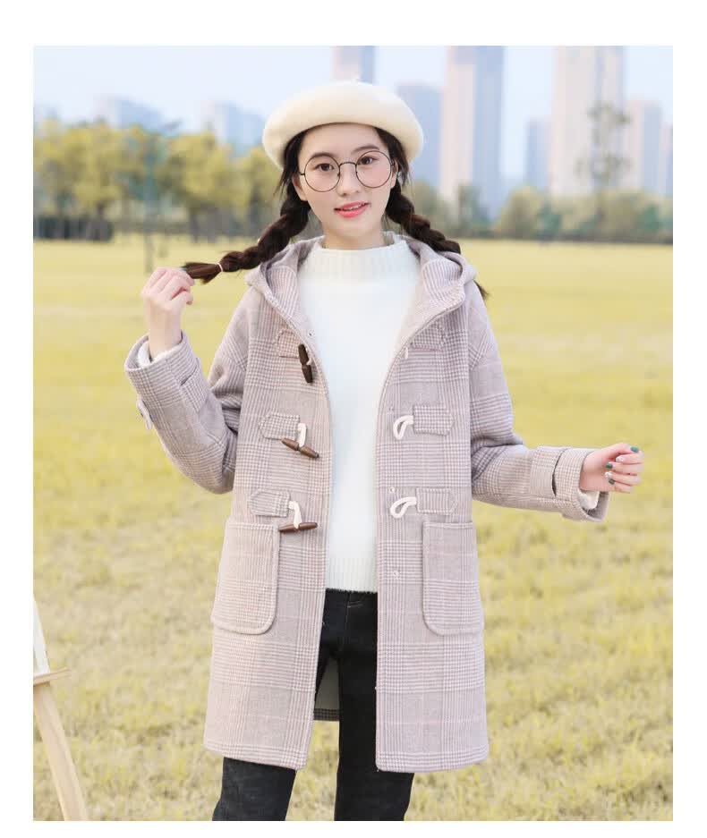 伊缇恩初中学生毛呢外套女中长款2019新款韩版高中少女冬装学院风格子