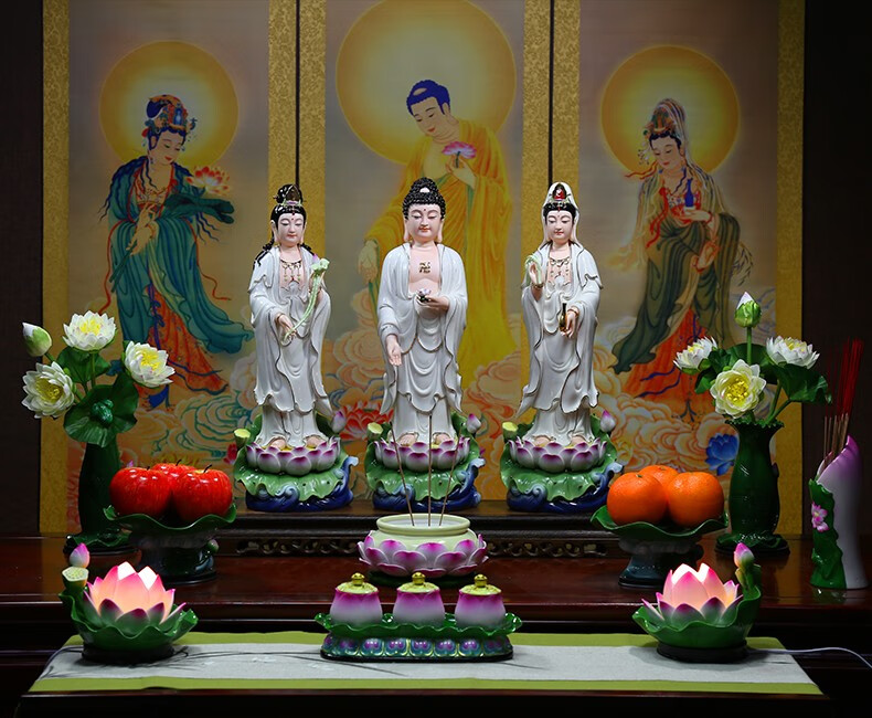 微美德化白瓷彩绘16至20吋立莲西方三圣像站像家用供奉观音菩萨佛像阿