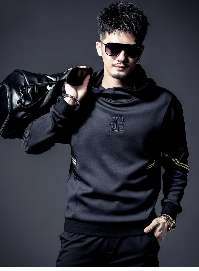 伯莎丹顿轻奢品牌男装太空棉连帽卫衣秋季织带拼接刺绣上衣运动帽衫