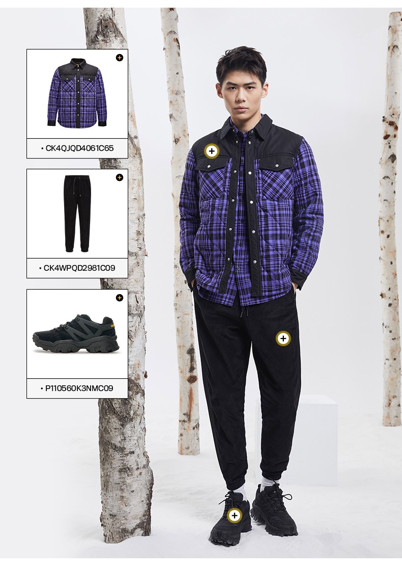 cat卡特棉服外套男秋冬翻领宽松格纹撞色拼接保暖上衣ck4qjqd紫色l