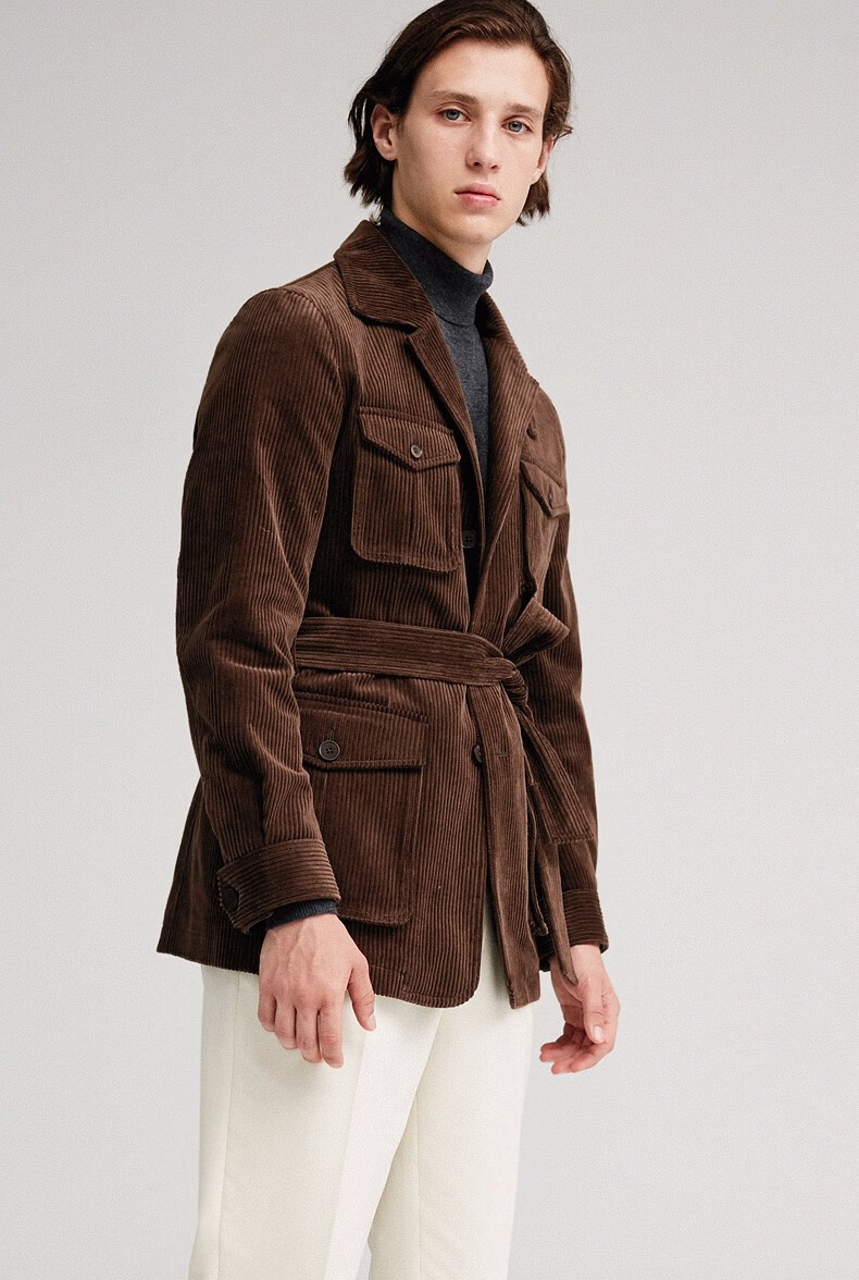 fullmonty巧克力色猎装进口粗灯芯绒腰带夹克男青年外套上衣巧克力色