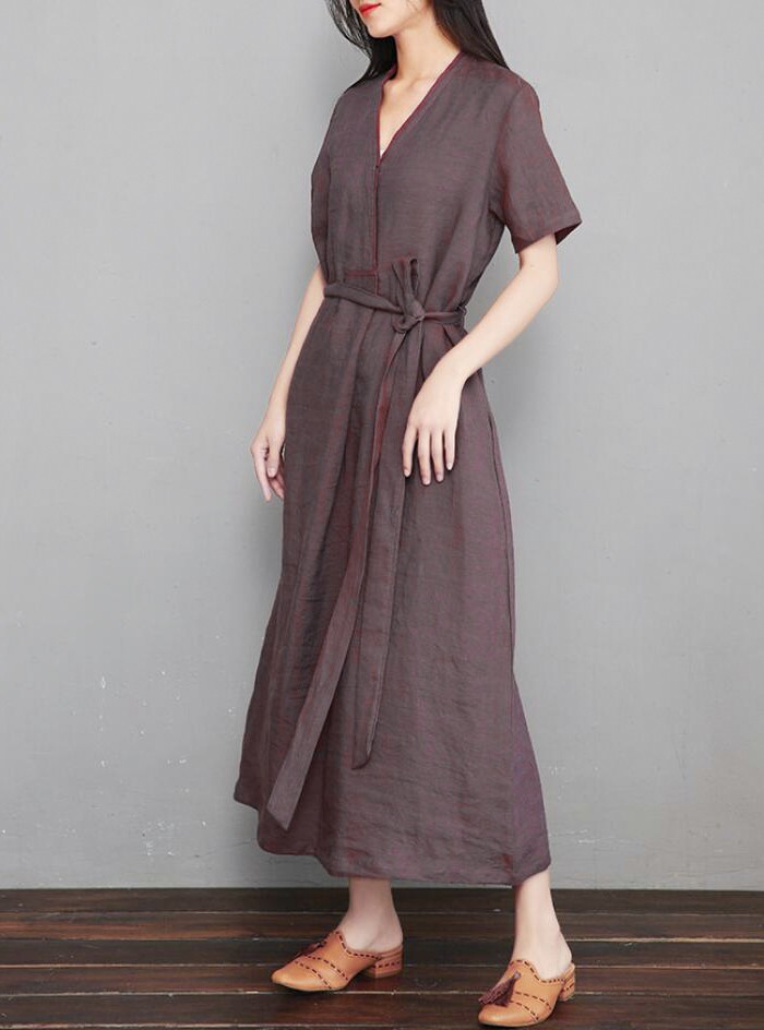 如素慢衣女装夏连衣裙亚麻色织拼色v领裙子18067 金属棕 l