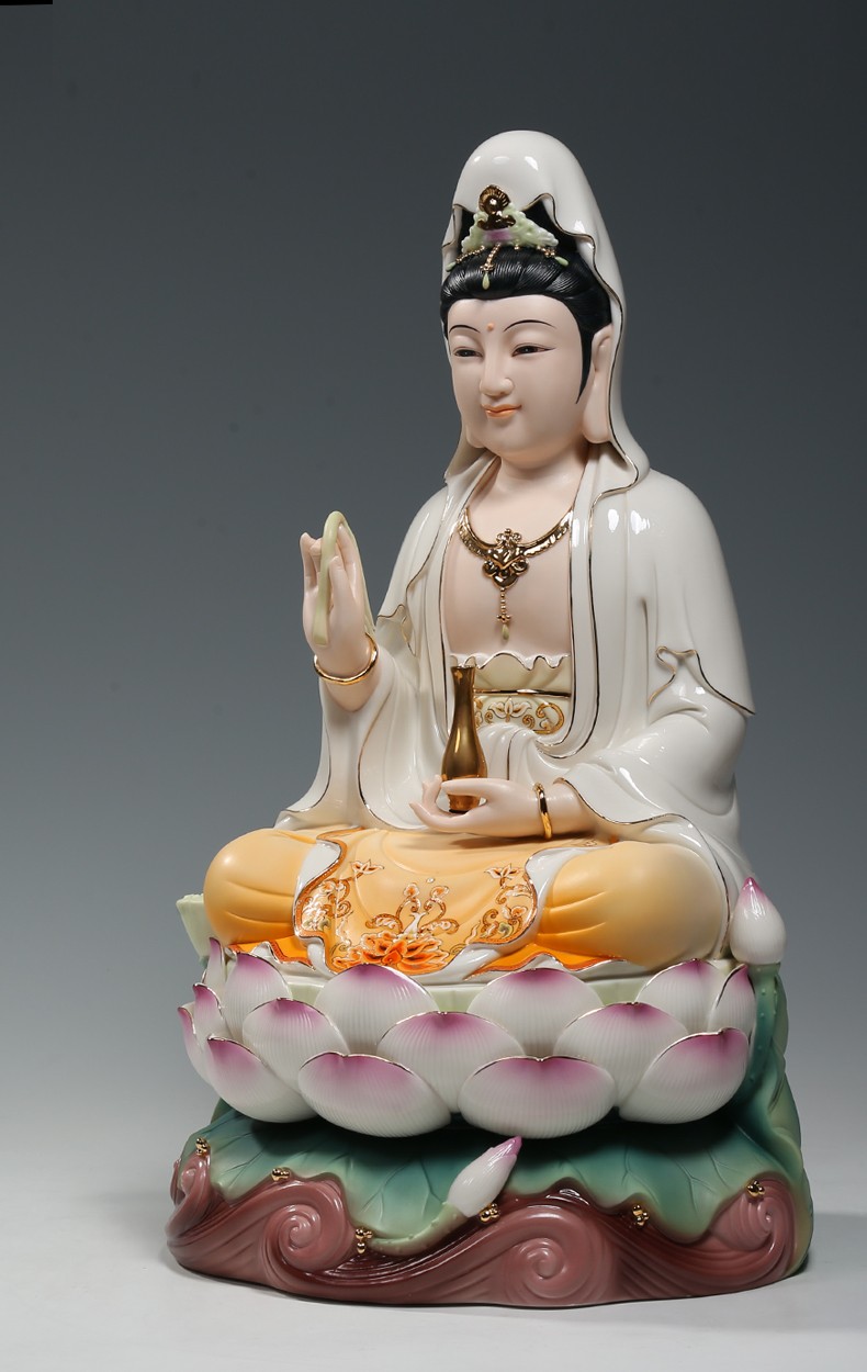 微美陶瓷12至18吋三莲观音笑脸观音佛像供奉家用观世音菩萨摆件彩绘蓝