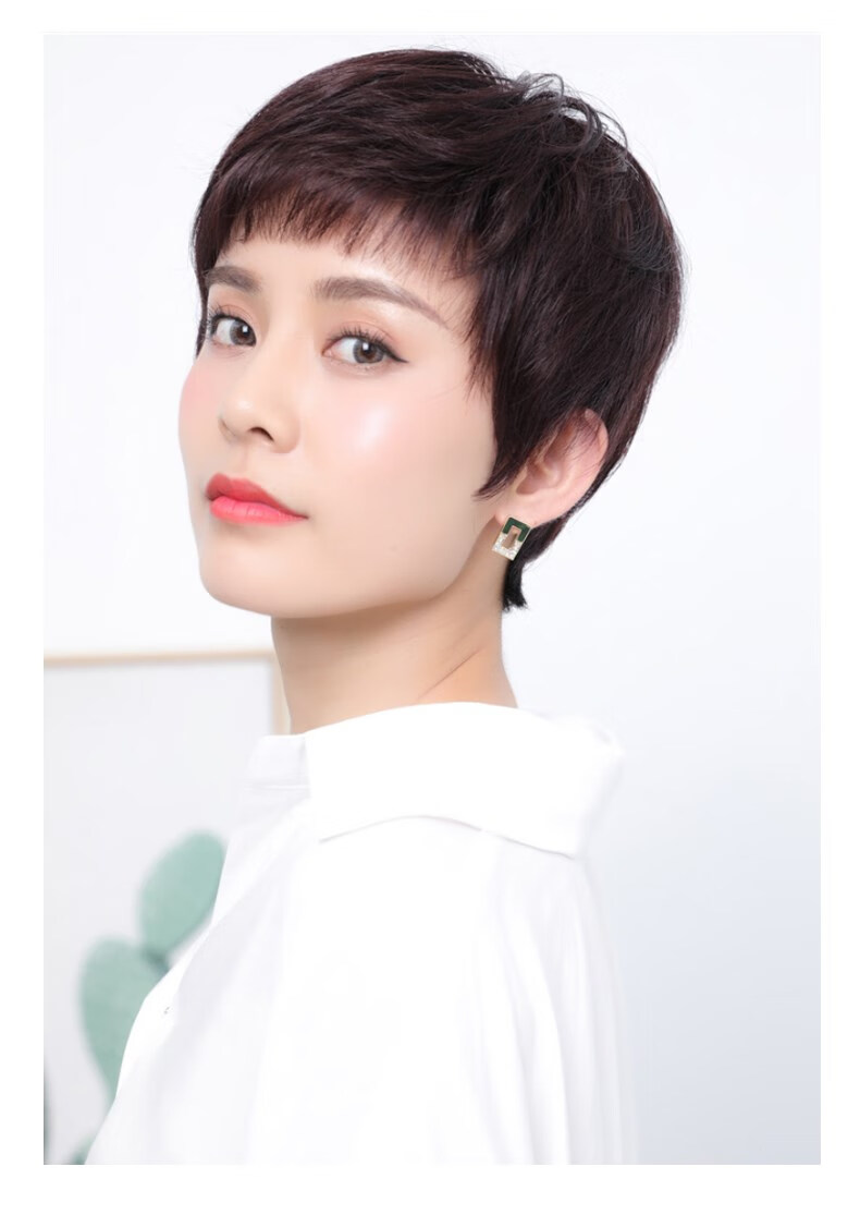 姬玛假发女短发全头套式造型真发女士圆脸自然短卷发真人发丝gjzj1007