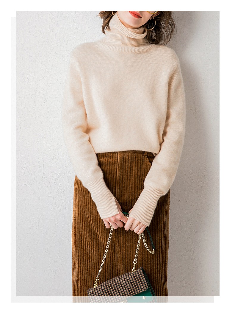 秋冬新款羊毛衫女纯羊毛高领宽松加厚毛衣纯色保暖针织打底衫 米驼色