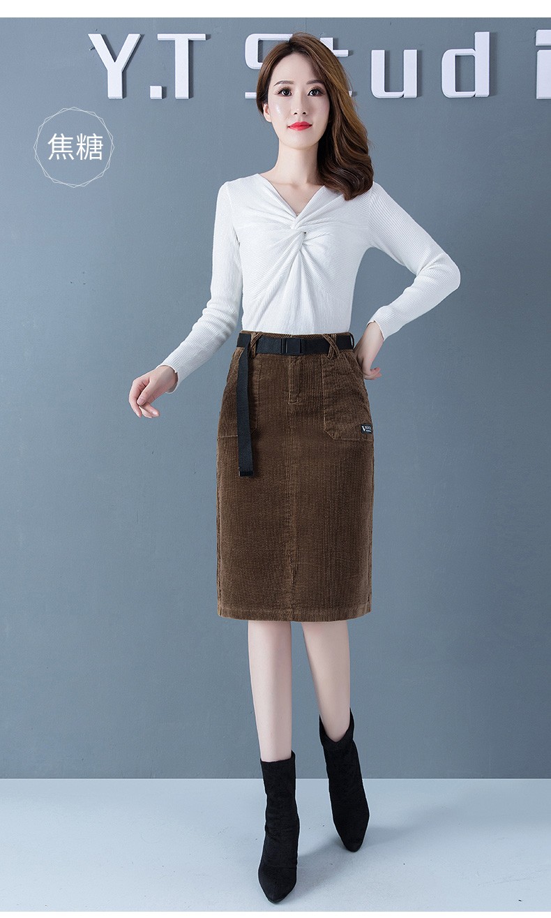 木荣灯芯绒半身裙女秋冬2019款复古高腰直筒开叉一步条绒中裙包臀裙