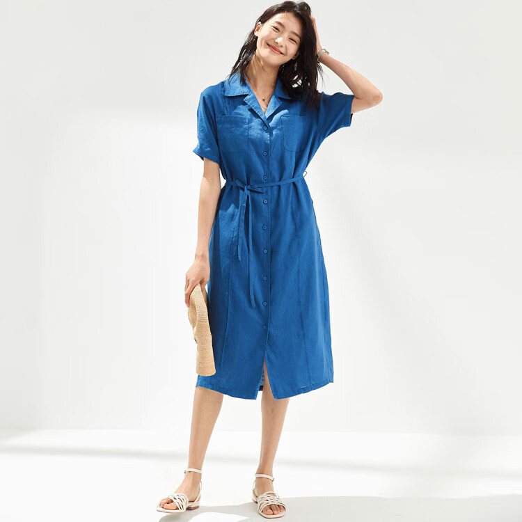 子陌zimo2022百搭简约纯亚麻a版系带中长款连衣裙麻本色l