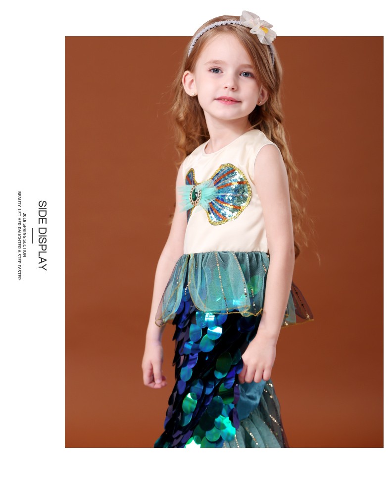 尾巴公主裙小女孩模特走秀化妆舞会演出服主持礼服 儿童拍照服装 绿裙