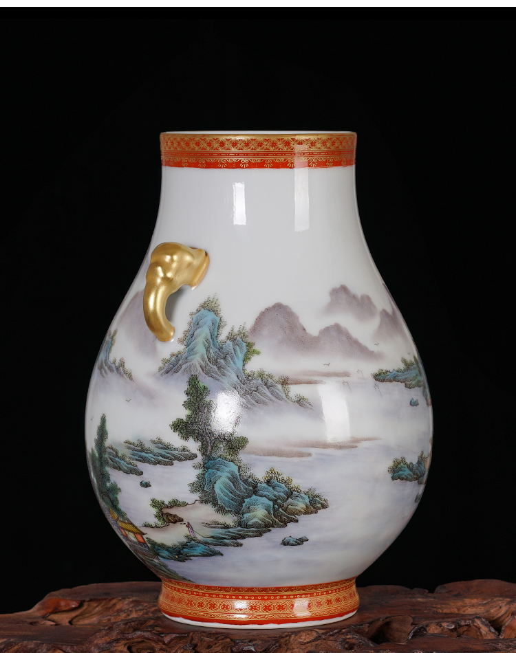 周胜堂景德镇陶瓷花瓶工艺品摆件精品仿古手绘通景山水双耳福筒瓷瓶