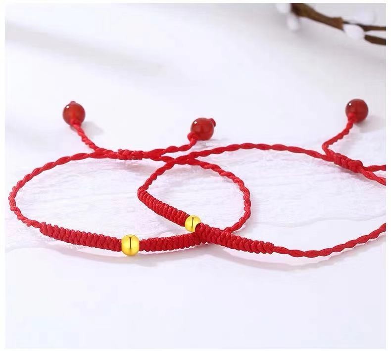 老凤凰黄金转运珠小金珠戒指小金豆尾戒女足金999红黑绳编织手链抖音