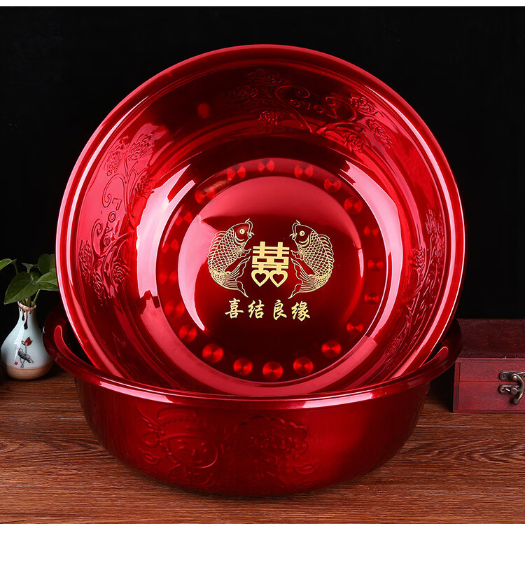 用品红盆女方陪嫁嫁妆喜盆结婚脸盆喜庆新娘洗脸盆执子之手款铁质烤漆