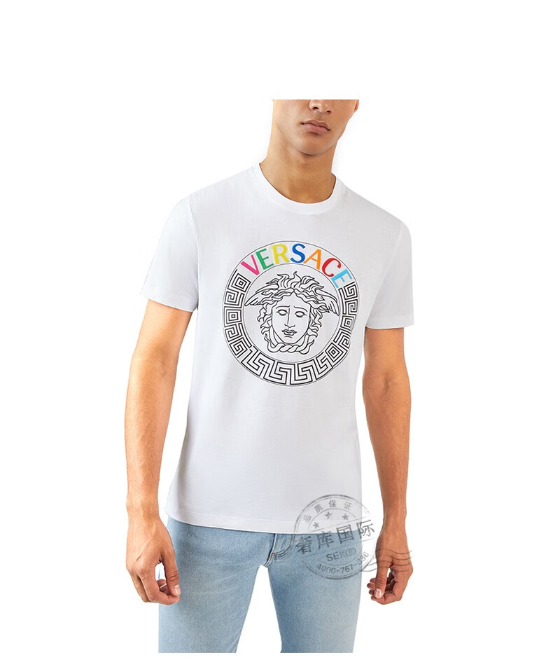 范思哲versace男装美杜莎头像字母彩印短袖圆领t恤衫白色a829334589a