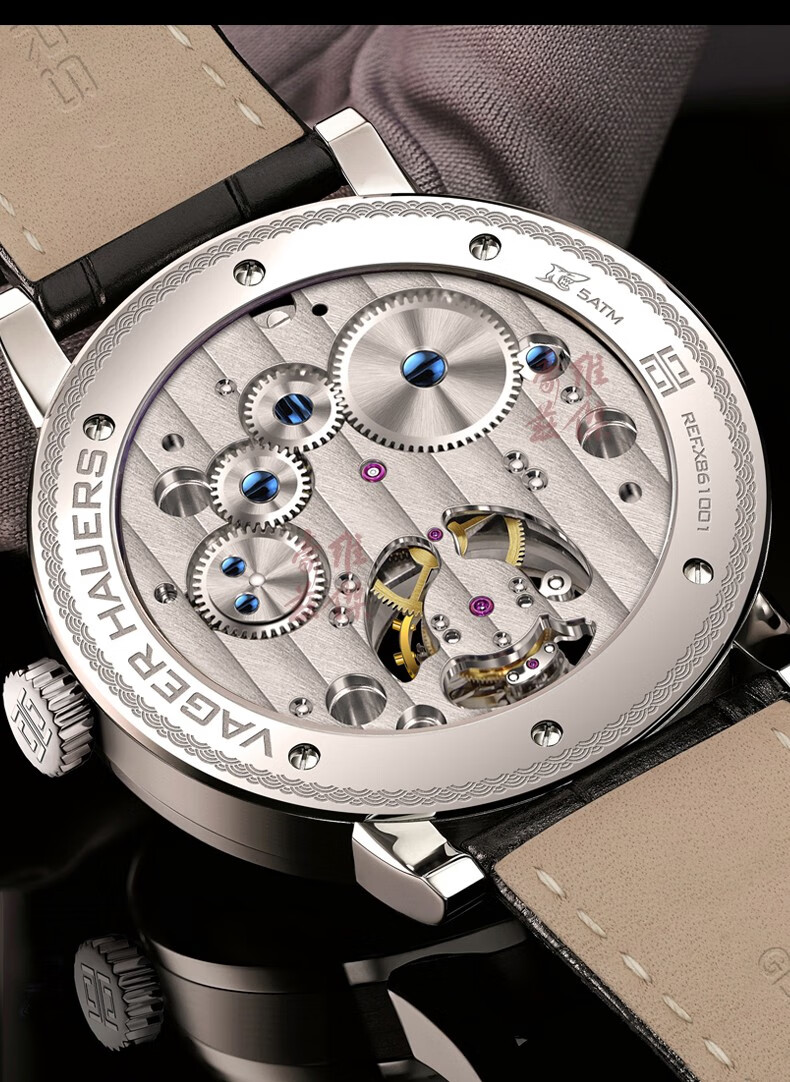 维杰豪兹原创中国风逸品手表男机械表手卷陀飞轮鳄鱼皮防水男表精钢