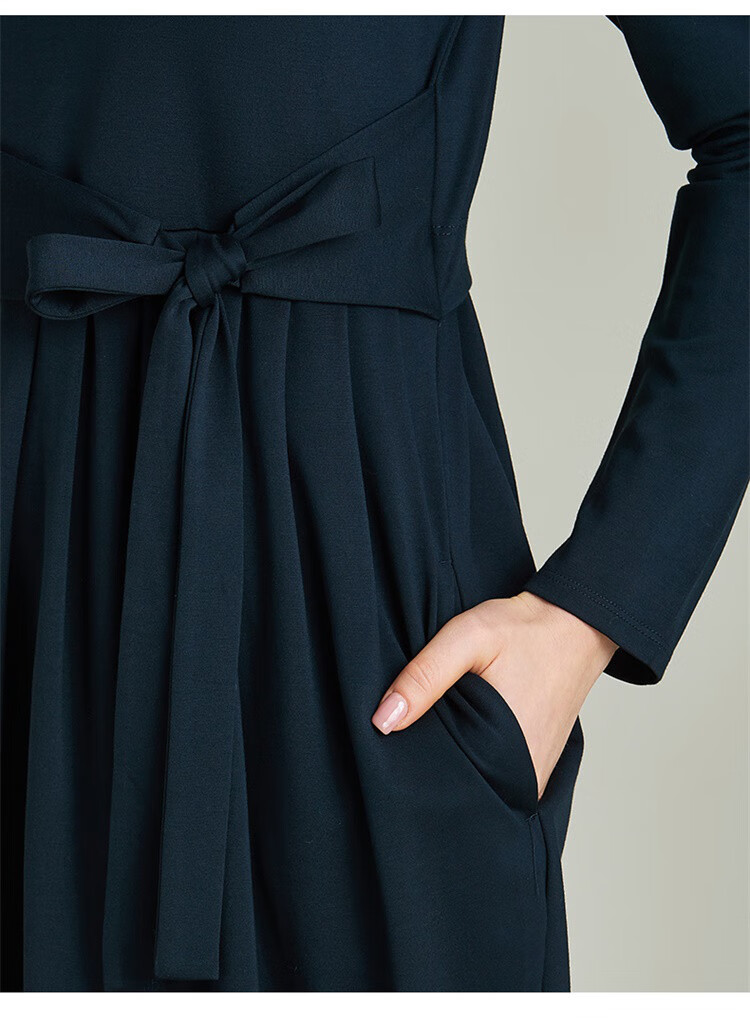 havva 纬编混纺tucker塔克褶长袖连衣裙子2020春装长裙女装 蓝色 xl