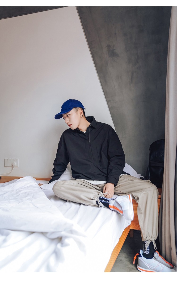 男2020秋季新款秋装纯色大口袋套头长袖衬衫宽松潮流休闲男士中性衬衣