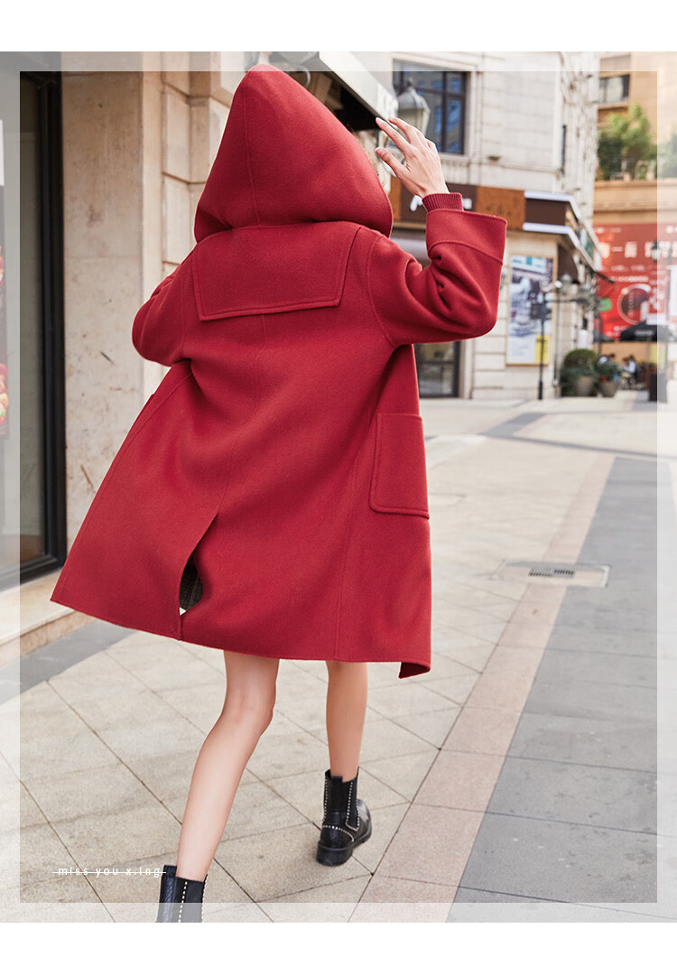 香影双面呢大衣女新款流行红色赫本风连帽羊毛毛呢外套秋冬装 暗红 m
