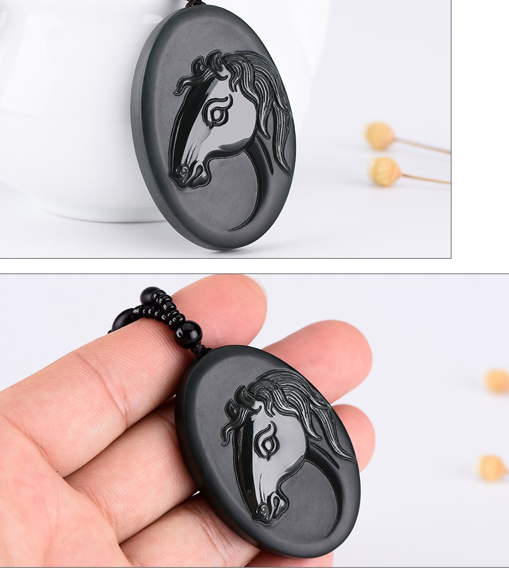 母亲节礼物景禾天然和田玉墨玉马头吊坠马到功成生肖马挂件带鉴定证书