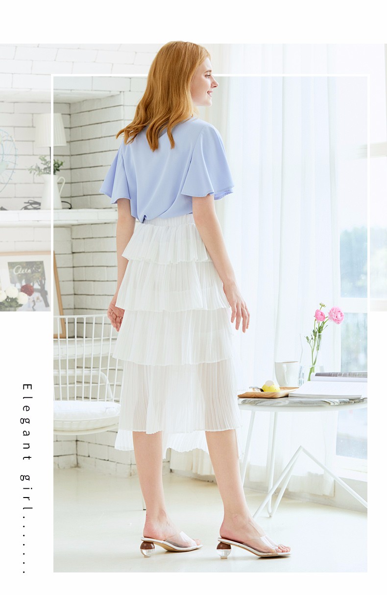 朵以2019夏装新款百褶高腰a字中长款半身裙女34qx679002 白色 s