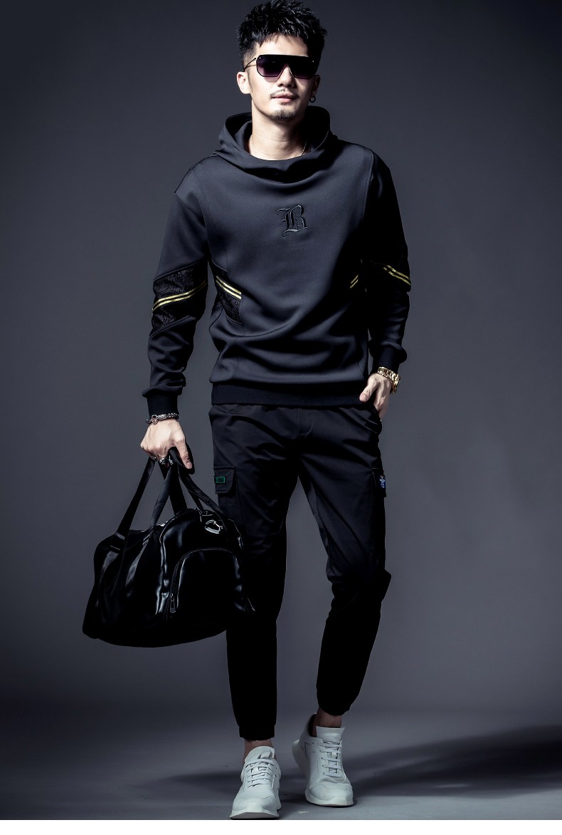 伯莎丹顿轻奢品牌男装太空棉连帽卫衣秋季织带拼接刺绣上衣运动帽衫