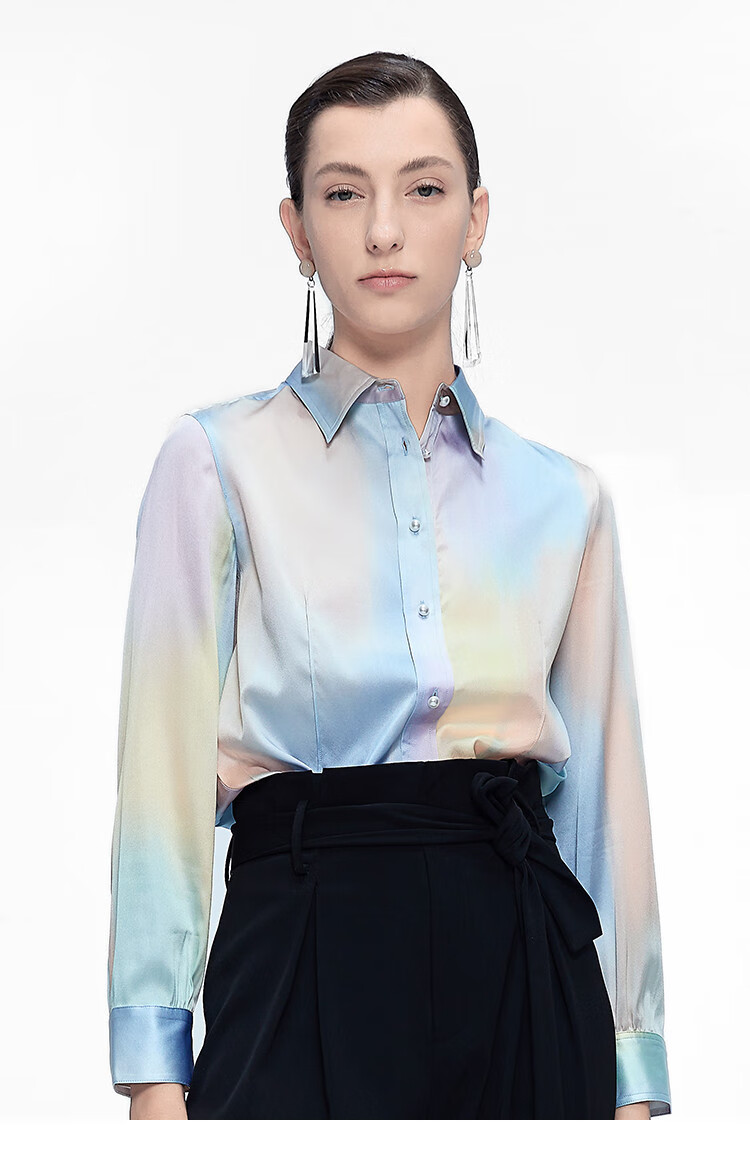 hr 赫莲娜女装时尚水彩印花女桑蚕丝衬衫女款衬衣女上衣 湖水蓝 s