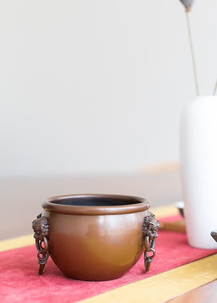 古铜官 全紫铜制烟灰缸仿古手工创意全铜大号客厅茶几 故宫狮首耳缸